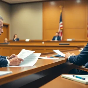 Courtroom scene focused on voter registration legal discussion