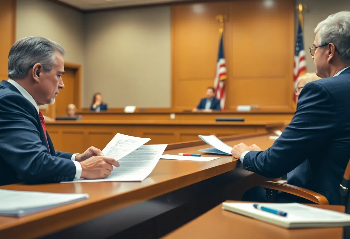 Courtroom scene focused on voter registration legal discussion