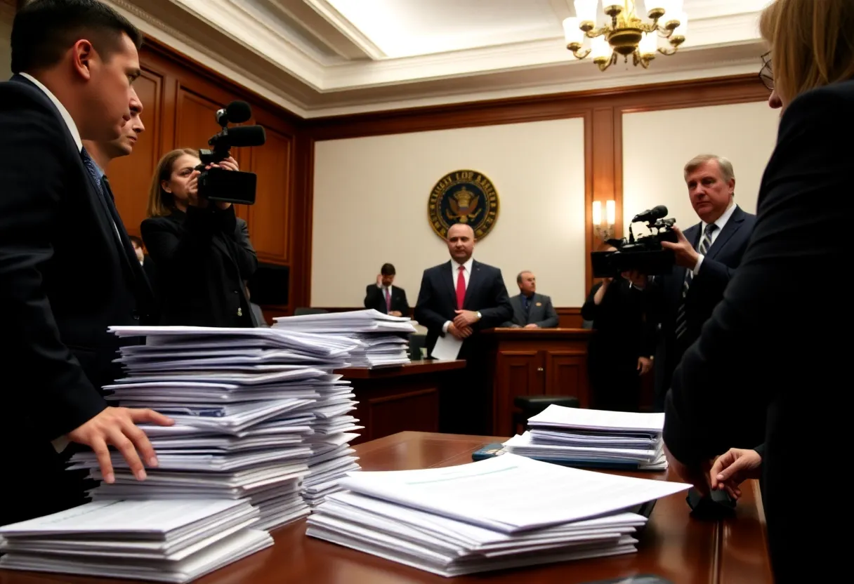 Courtroom scene with legal documents and investigators