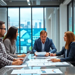 Team collaborating on energy management strategies in a modern office.