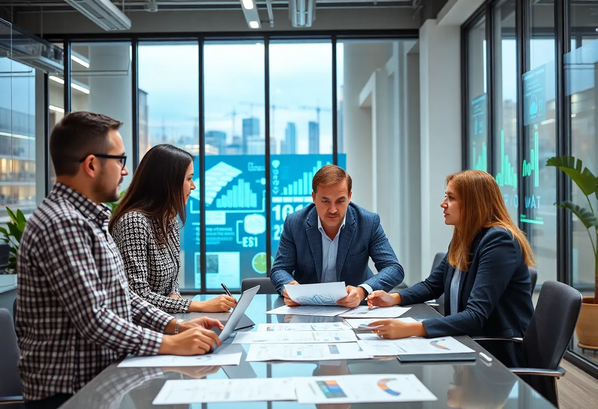 Team collaborating on energy management strategies in a modern office.