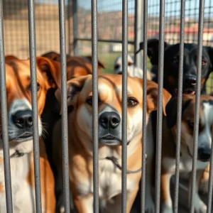 Group of concerned dogs in a kennel environment in Irvine