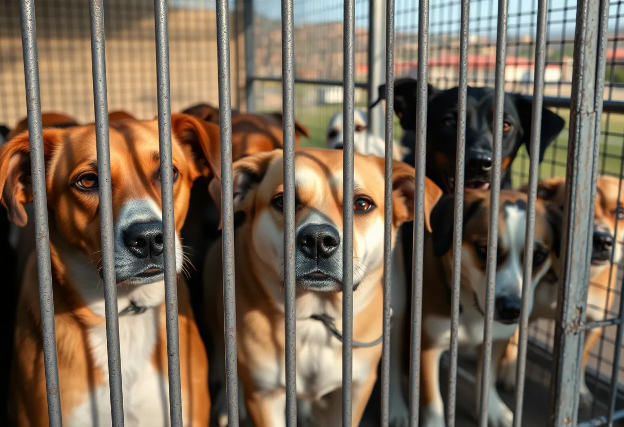 Group of concerned dogs in a kennel environment in Irvine
