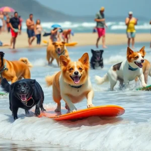 Dogs surfing on waves at Huntington Beach