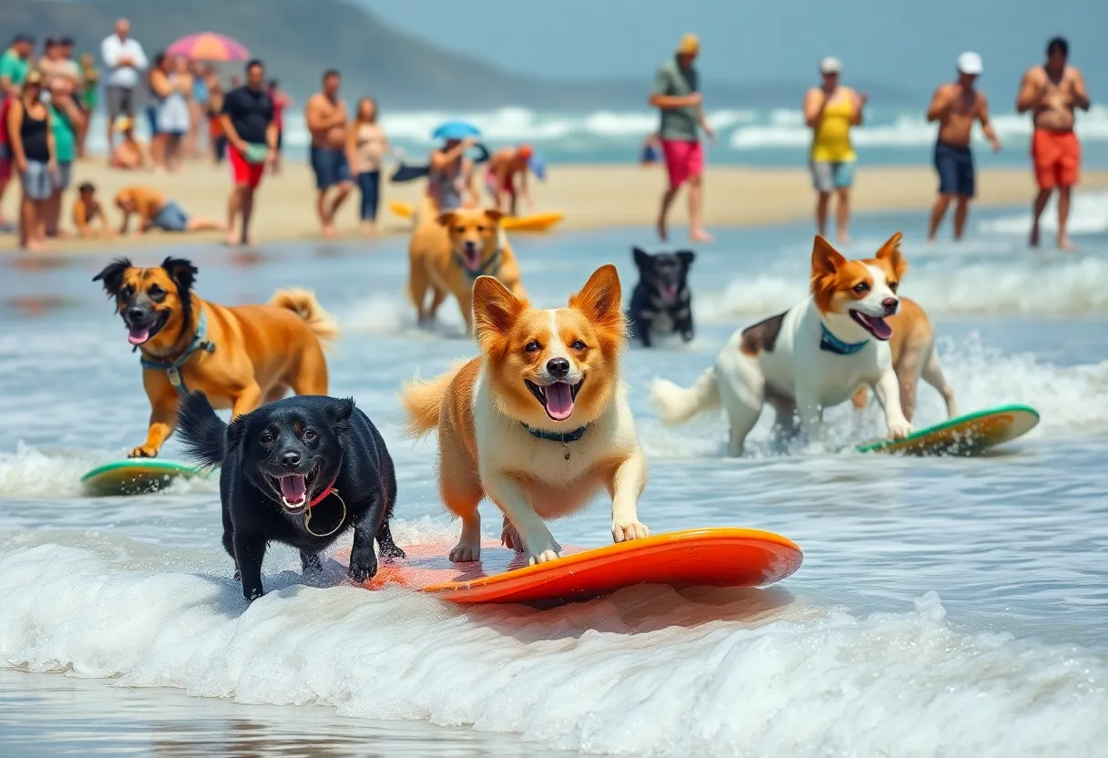 Dogs surfing on waves at Huntington Beach