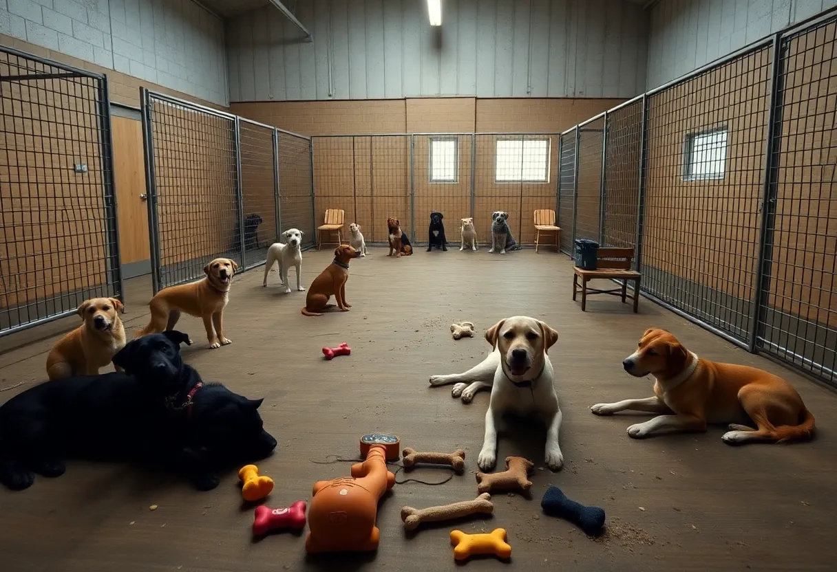 An empty dog training facility with scattered dog toys.
