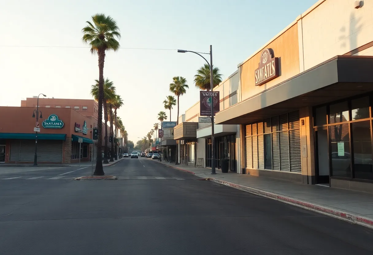 Empty streets in downtown Santa Ana with closed shops