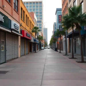 Deserted street in downtown Santa Ana with shuttered businesses