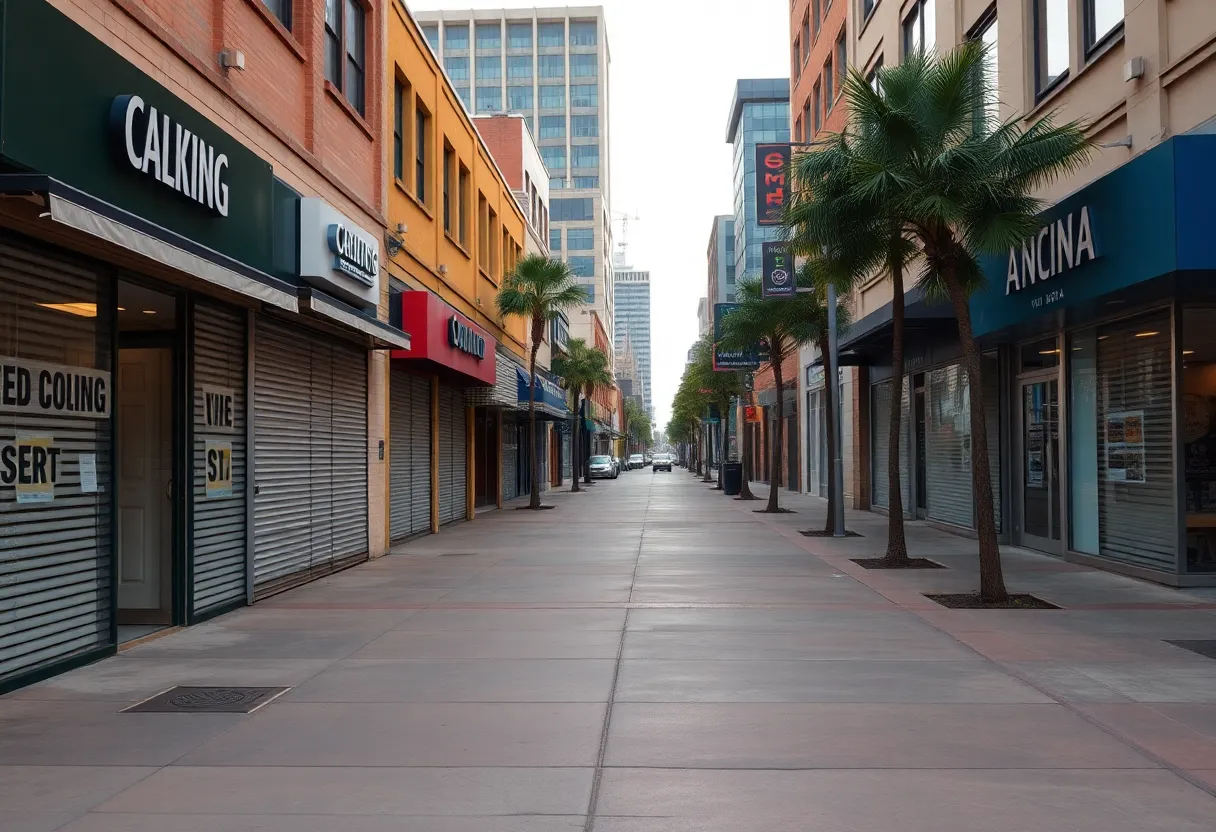 Deserted street in downtown Santa Ana with shuttered businesses
