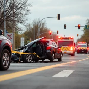 Scene of a traffic accident caused by DUI, emergency services present.