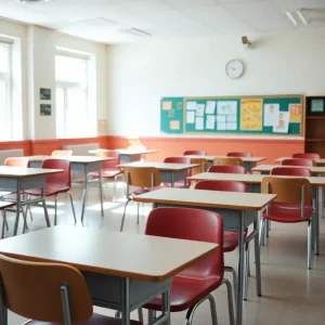 Empty classroom showcasing the decline in K-12 student enrollment in California.