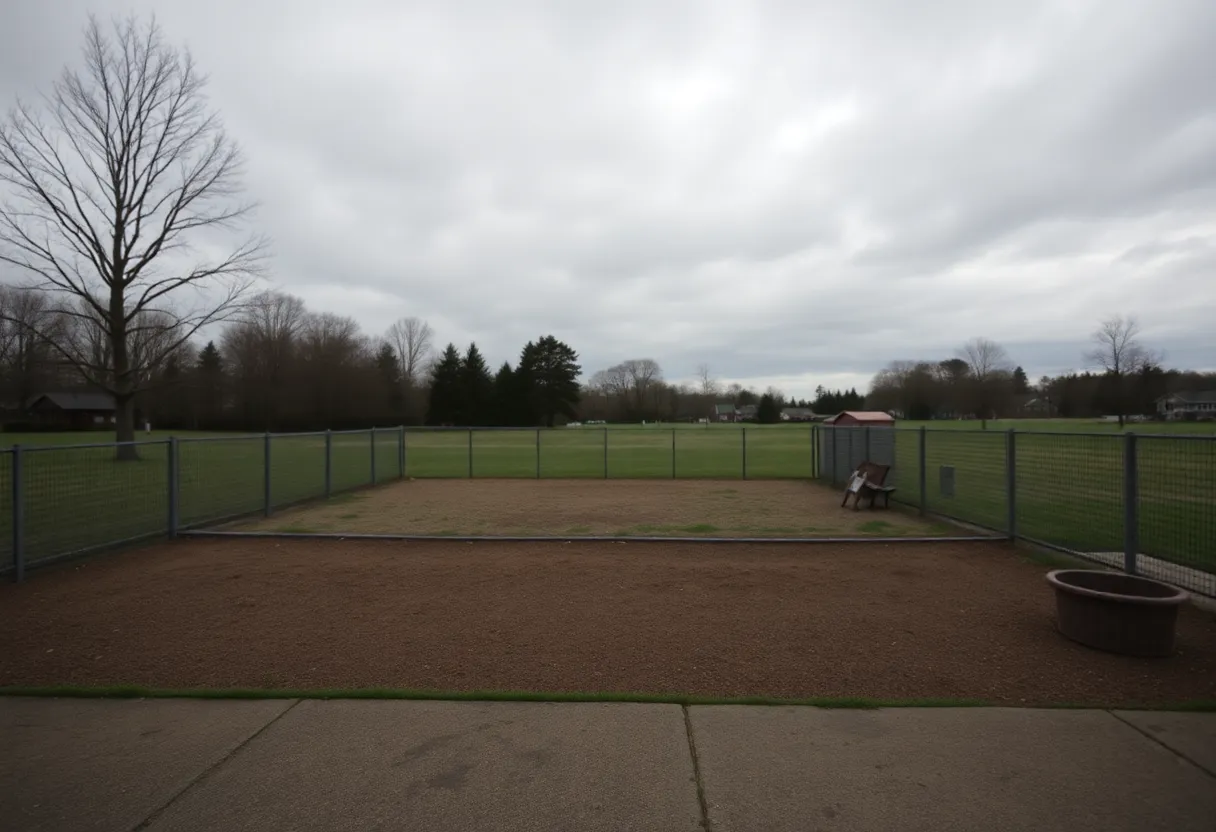 A deserted dog park under a cloudy sky, symbolizing the loss of canine lives.