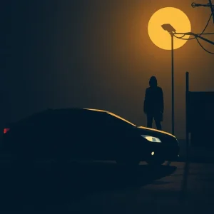 Illustration of a parked car in a dark alley, indicating mystery and crime.