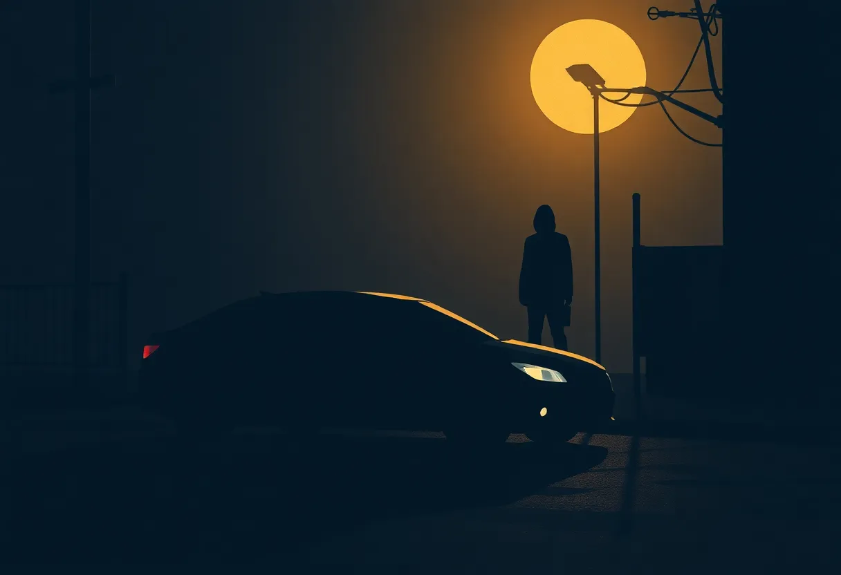 Illustration of a parked car in a dark alley, indicating mystery and crime.
