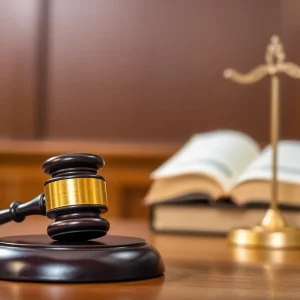A quiet family court room with legal symbols.
