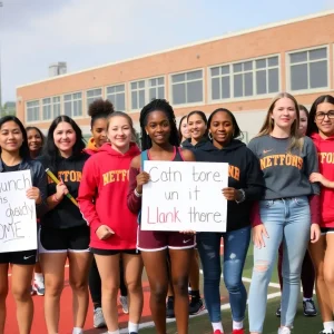 Group of female athletes holding a petition to protest against transgender athletes in girls' sports.