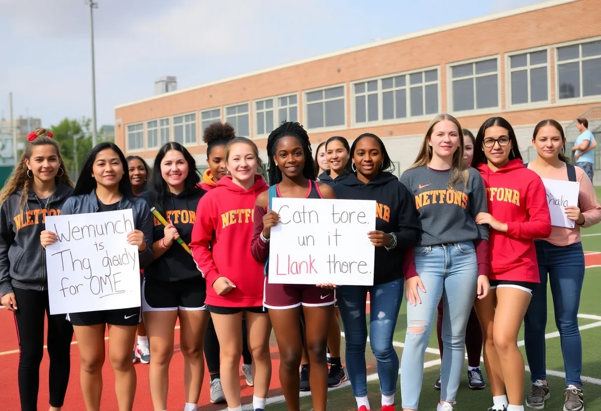 Group of female athletes holding a petition to protest against transgender athletes in girls' sports.