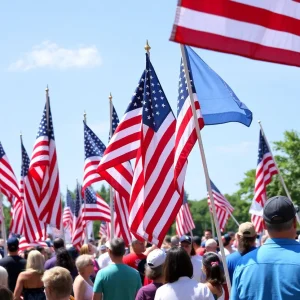 Demonstrators and flags at Flag Day event