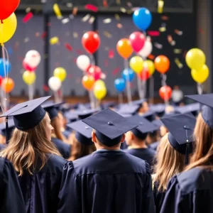 Graduation ceremony at Fountain Valley High School with students celebrating.