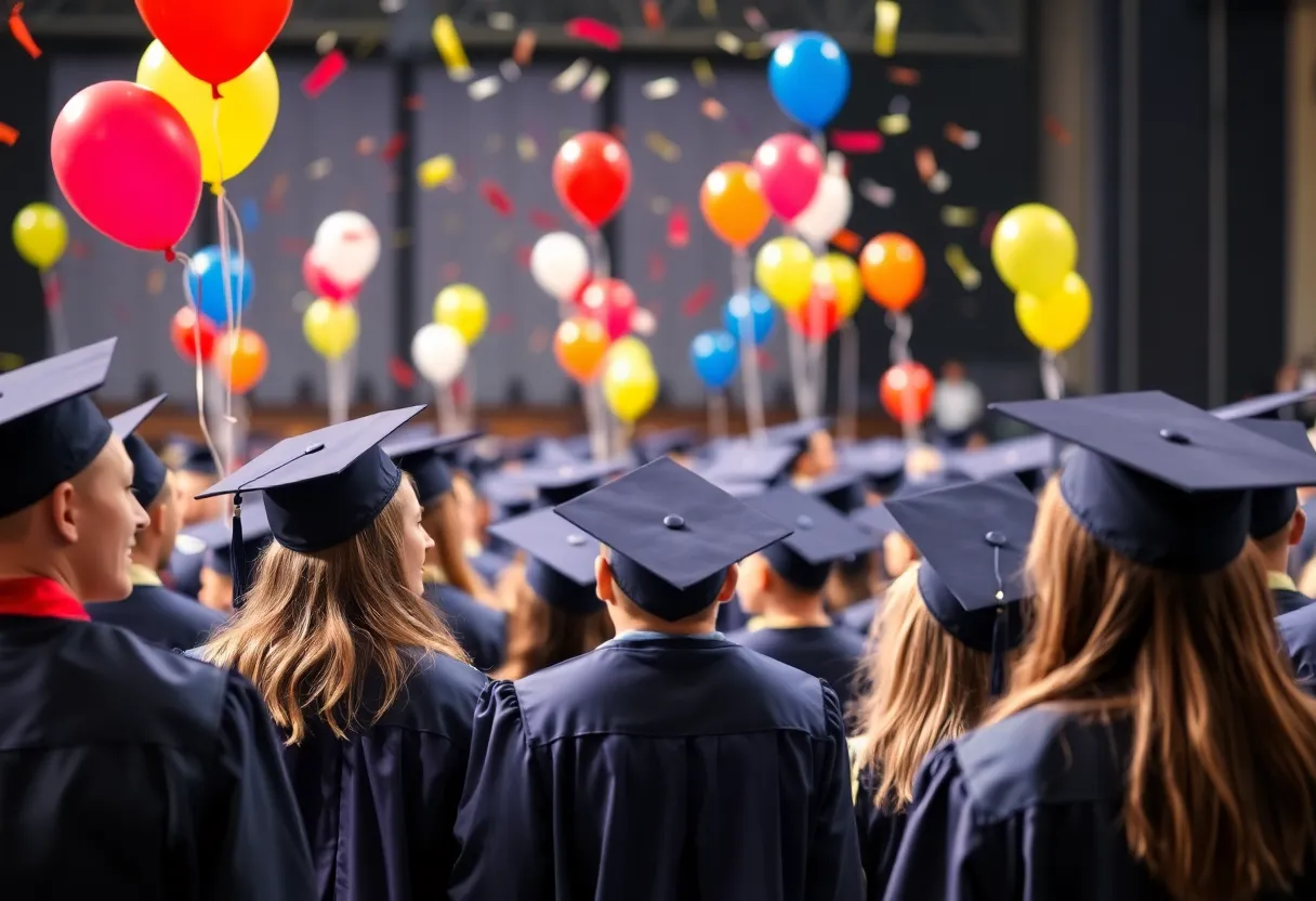Graduation ceremony at Fountain Valley High School with students celebrating.