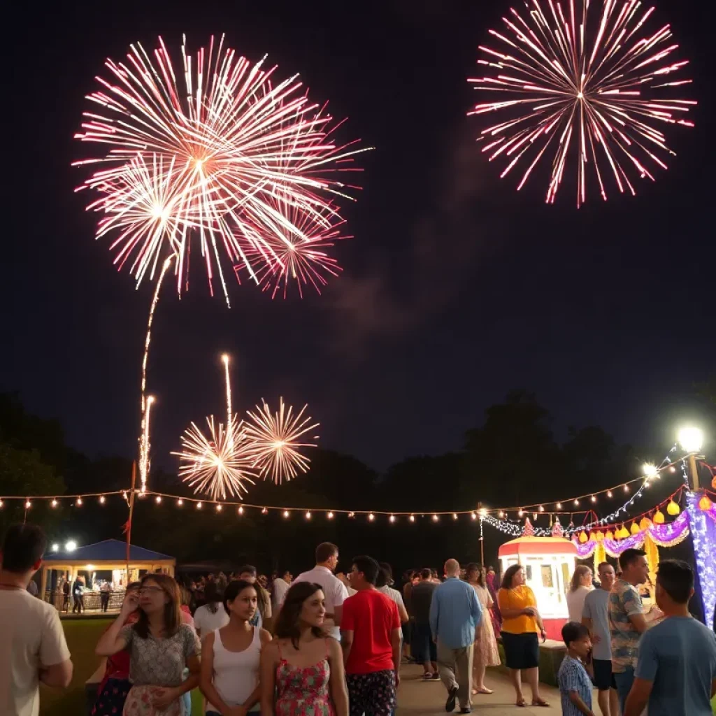 Celebration scene with fireworks and families enjoying Fourth of July festivities