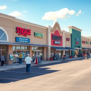 Exterior view of Fullerton Metrocenter retail complex, bustling with activity