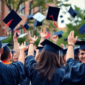 Students celebrating graduation with diplomas and caps in the air.