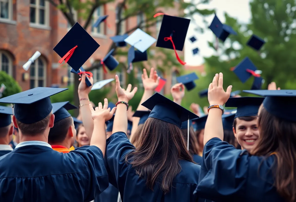 Students celebrating graduation with diplomas and caps in the air.