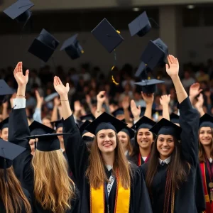 Graduates celebrating with mortarboards in the air