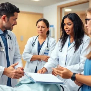 Healthcare professionals discussing patient safety in a meeting.