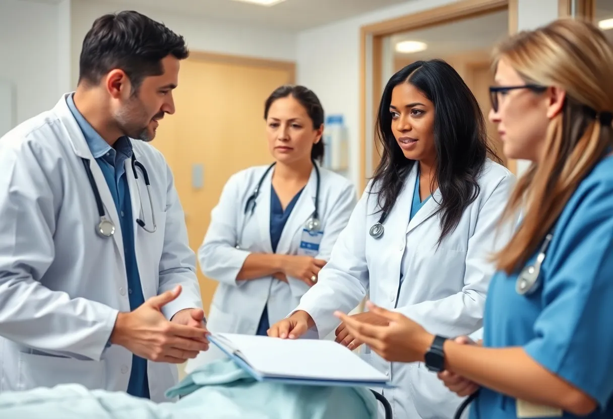 Healthcare professionals discussing patient safety in a meeting.