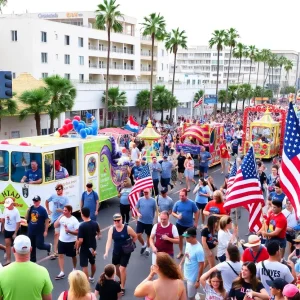 Crowd at Huntington Beach 4th of July Parade with colorful floats