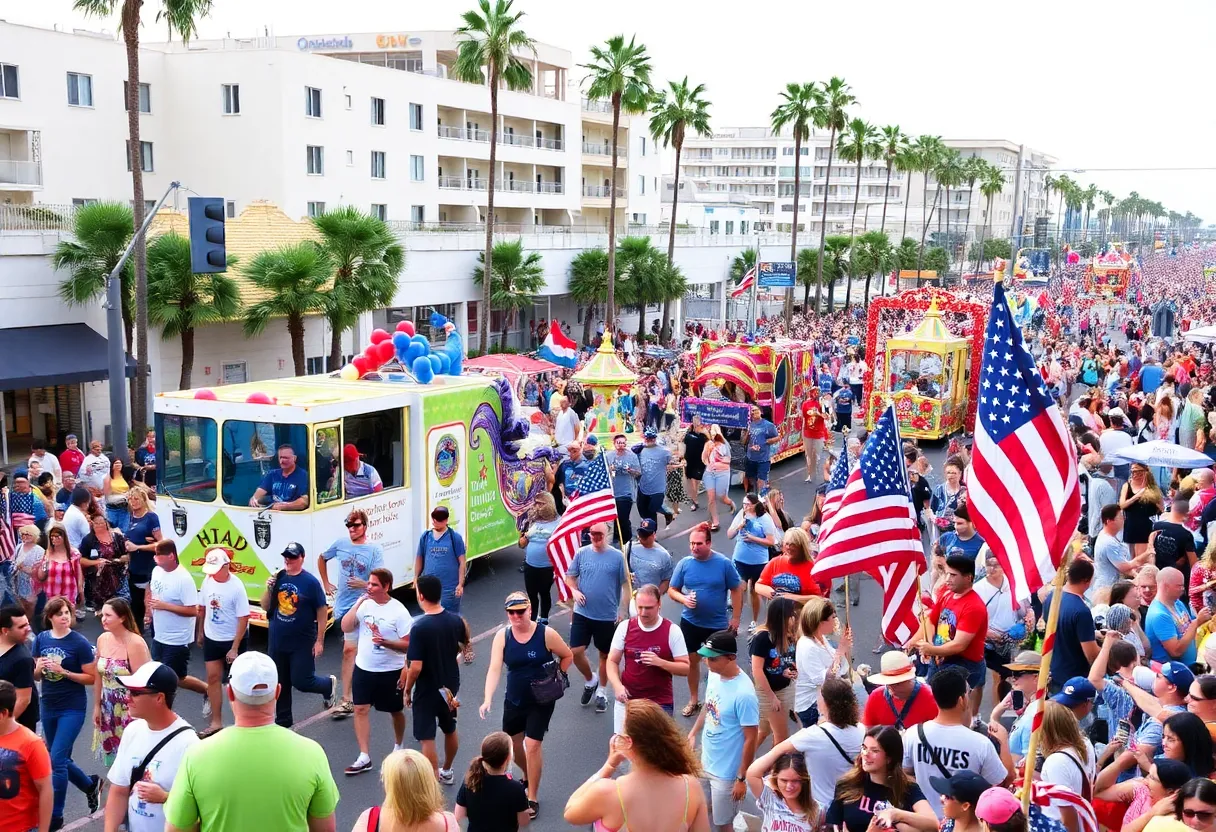 Crowd at Huntington Beach 4th of July Parade with colorful floats