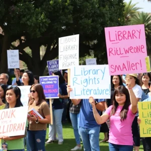 Community members rally in Huntington Beach for library measures