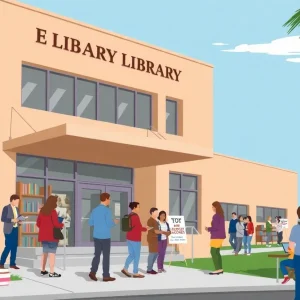 Illustration showing a library with community discussions about election measures.