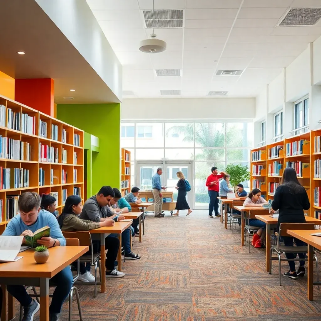 Community members reading and studying in Huntington Beach Library.