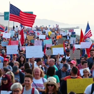 Crowd of protesters at Huntington Beach during No Kings Day event