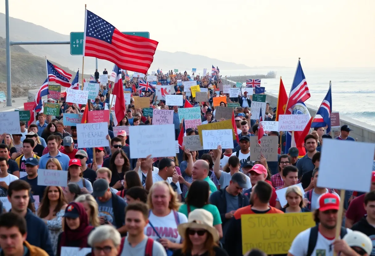 Crowd of protesters at Huntington Beach during No Kings Day event
