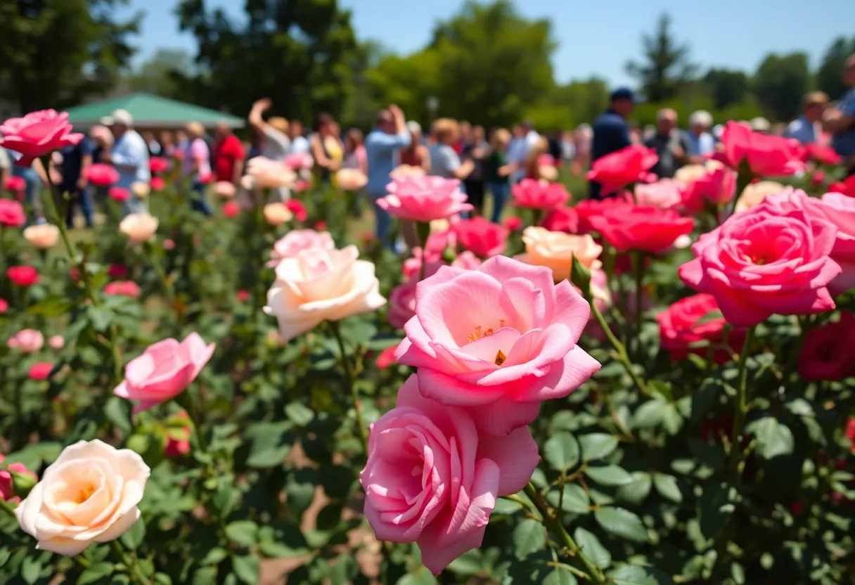 Ceremony in Huntington Beach rose garden with community members.