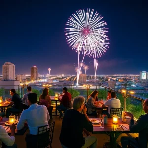 Guests dining on a rooftop with fireworks in the background