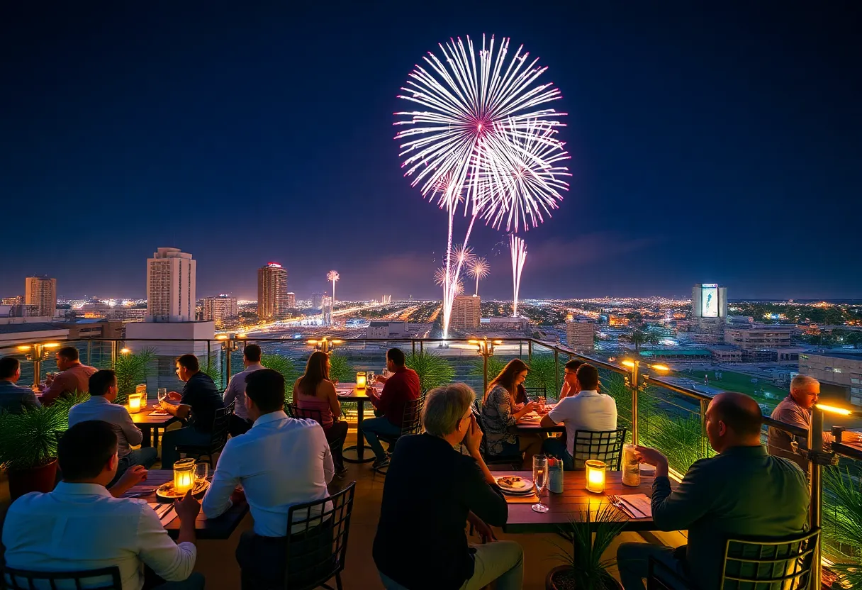 Guests dining on a rooftop with fireworks in the background