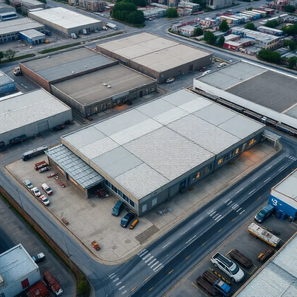 Aerial view of industrial properties with warehouses.