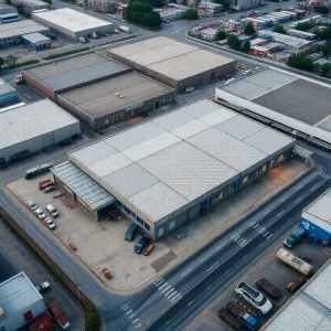 Aerial view of industrial properties with warehouses.