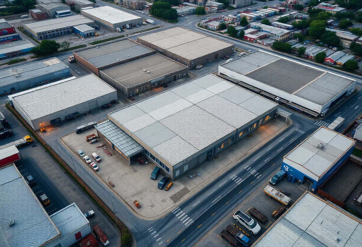 Aerial view of industrial properties with warehouses.