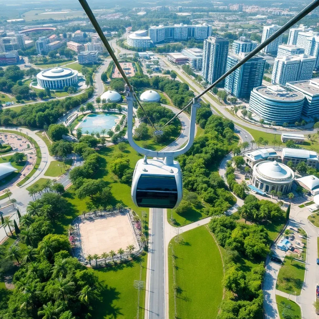 Conceptual illustration of a solar-powered gondola system in Irvine's Great Park.