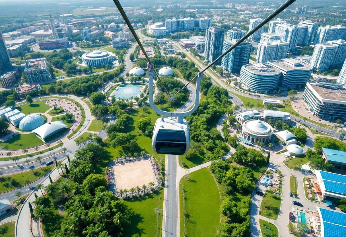 Conceptual illustration of a solar-powered gondola system in Irvine's Great Park.