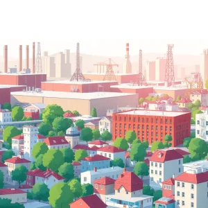 Illustration of warehouse buildings alongside residential homes in Irvine.