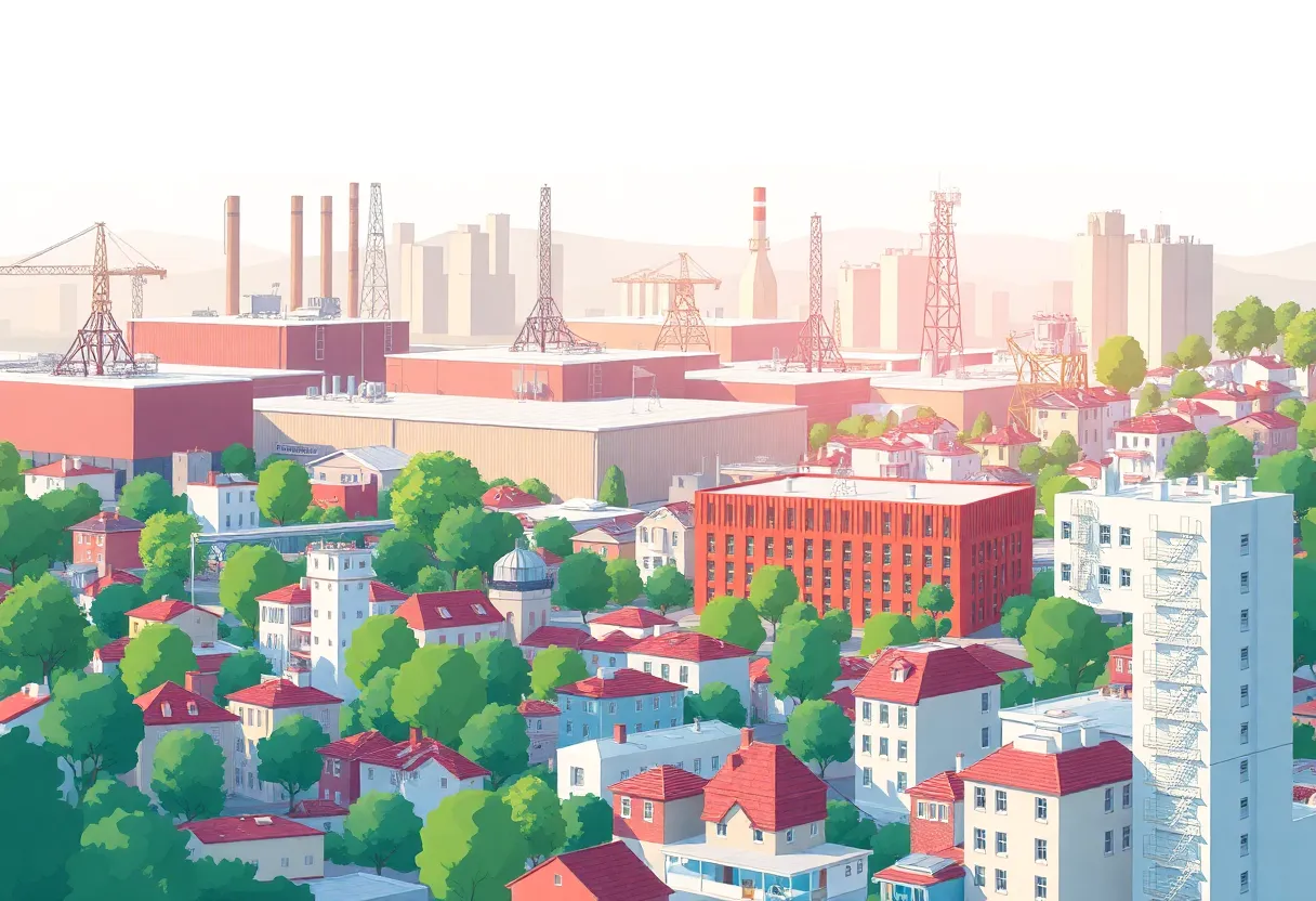 Illustration of warehouse buildings alongside residential homes in Irvine.