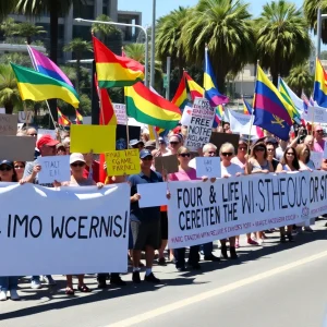 Crowd of protesters at Laguna Beach against immigration enforcement