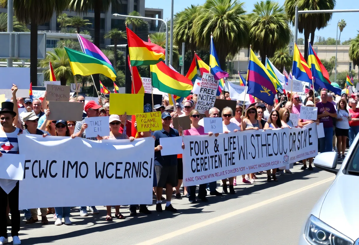 Crowd of protesters at Laguna Beach against immigration enforcement